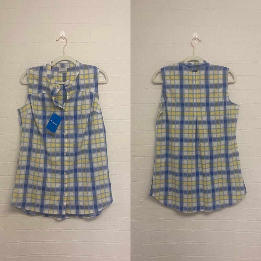 Columbia blue and yellow button up tank